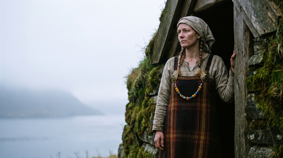 A Norse woman in a woollen apron dress with oval tortoise brooches and amber beads, standing at the door of a turf longhouse above a fjord