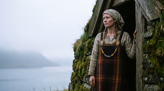 A Norse woman in a woollen apron dress with oval tortoise brooches and amber beads, standing at the door of a turf longhouse above a fjord