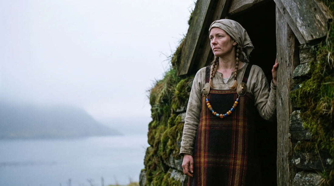 A Norse woman in a woollen apron dress with oval tortoise brooches, standing at the door of a turf longhouse above a misty fjord