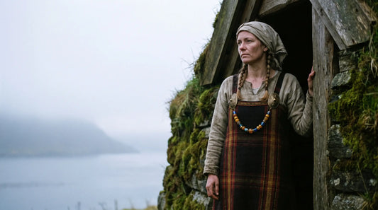 A Norse woman in a woollen apron dress with oval tortoise brooches, standing at the door of a turf longhouse above a misty fjord