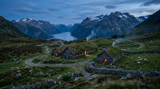 A Viking Age turf longhouse settlement at dusk above a fjord, firelight glowing in the doorways and smoke rising from the roof vents
