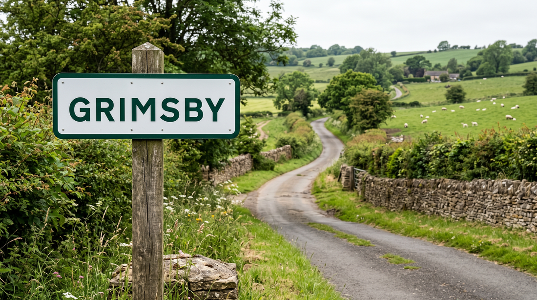 Village name sign for Grimsby, Old Norse for Grim's farmstead, beside an English country lane