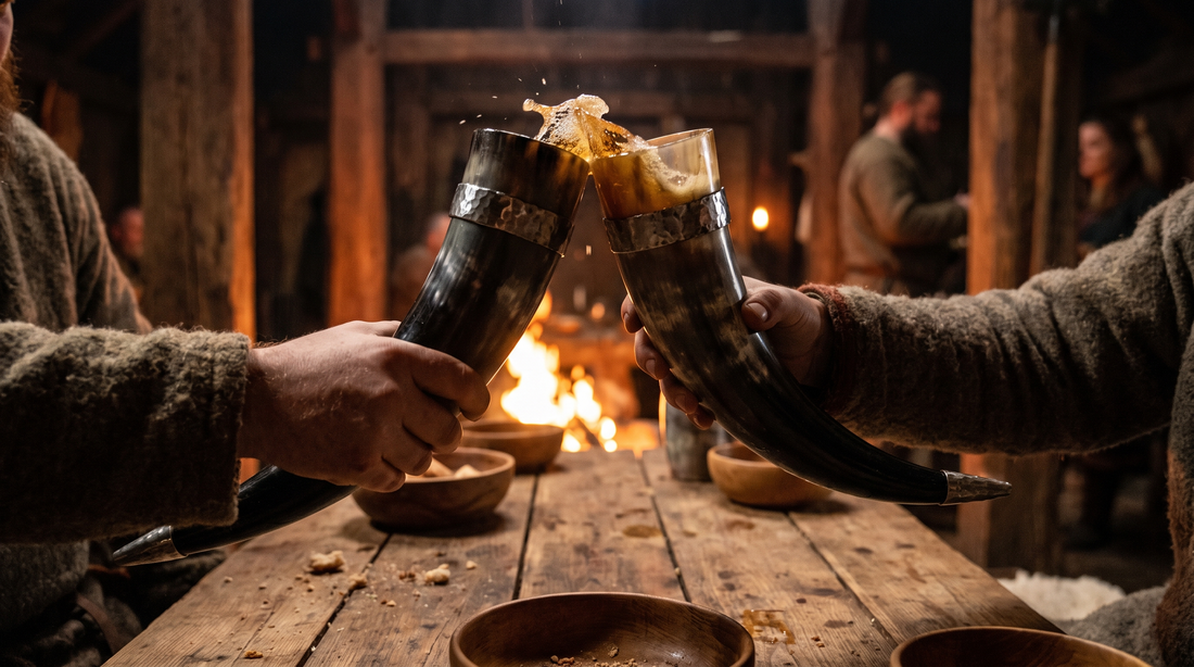 Two Viking drinking horns clashed in a toast over a feast table
