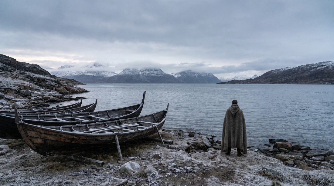 Viking boats on a cold Greenland fjord shore with a cloaked figure at the waterline