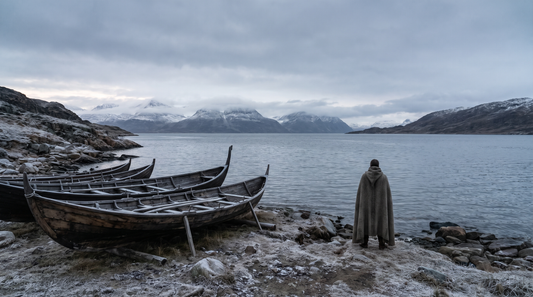Viking boats on a cold Greenland fjord shore with a cloaked figure at the waterline
