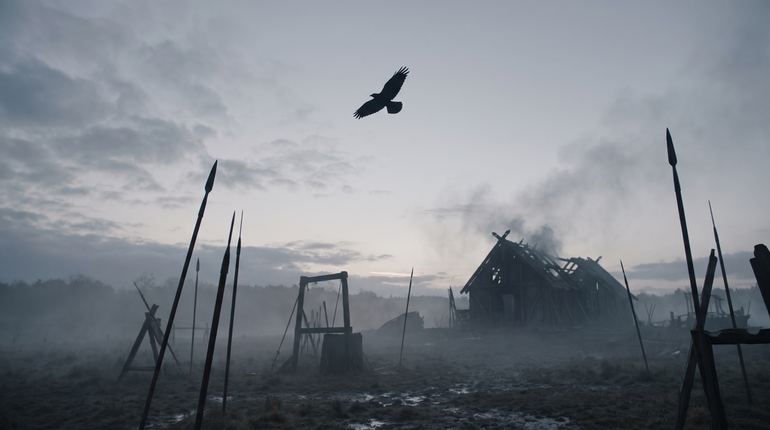 A lone carrion bird circling over a misty early medieval battlefield at dawn