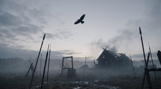 A lone carrion bird circling over a misty early medieval battlefield at dawn