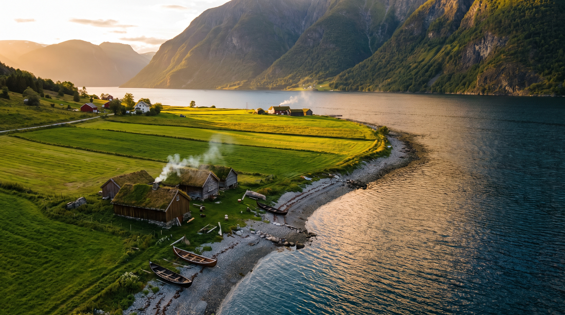 Scandinavian fjord at golden hour with farmsteads and boats along the shore