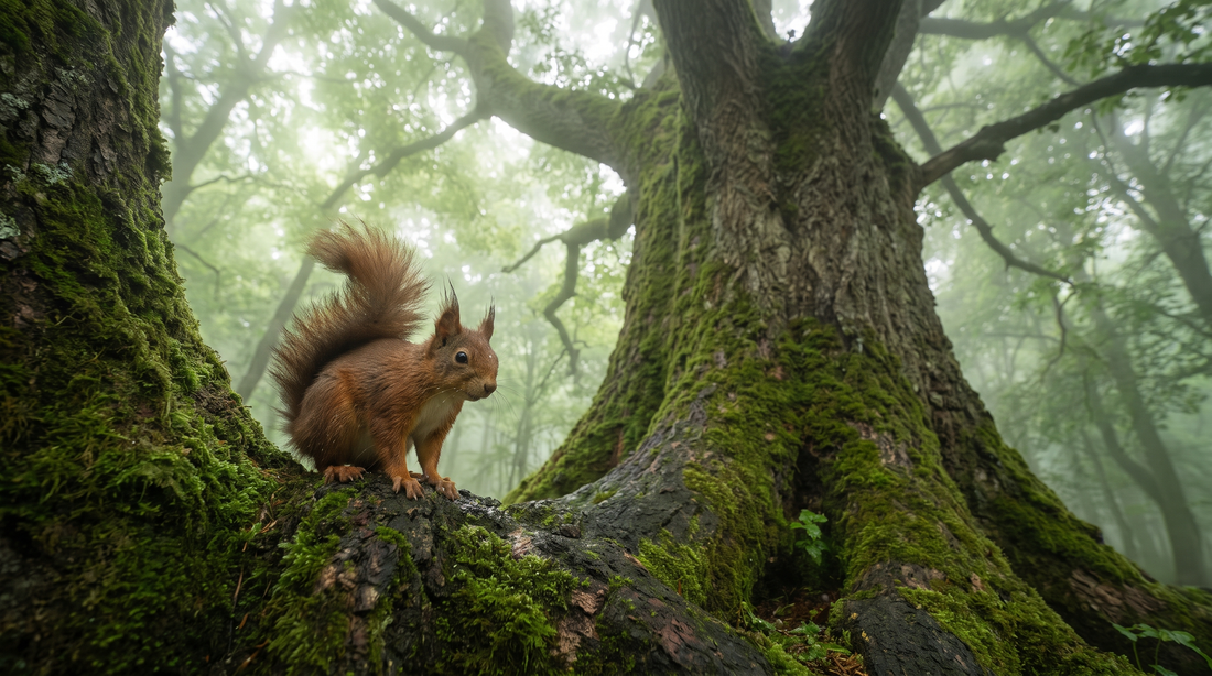 Red squirrel pausing on the mossy trunk of a giant ash tree