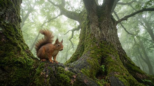 Red squirrel pausing on the mossy trunk of a giant ash tree