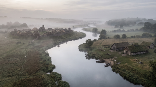 Anglo-Saxon fortified town and a Norse farming settlement facing each other across a misty river