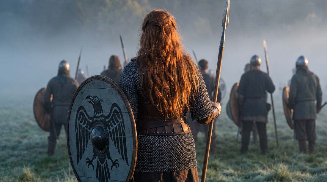 Shieldmaiden with hair loose over her shoulders at the front of a shield wall at dawn