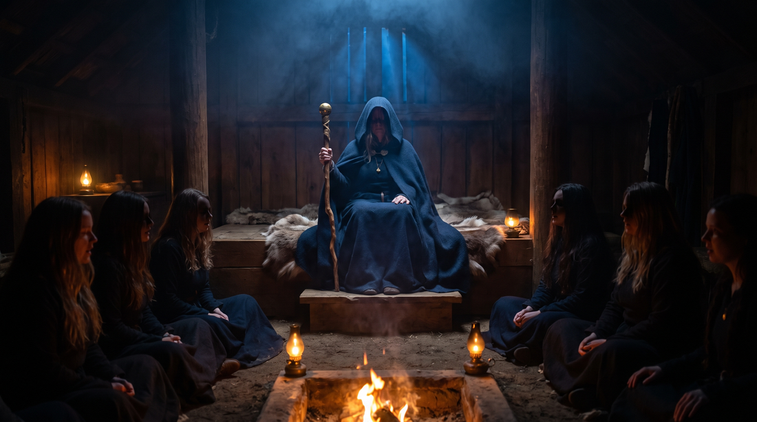 Norse seeress in a blue cloak with a knobbed staff on a raised seat, women singing around her