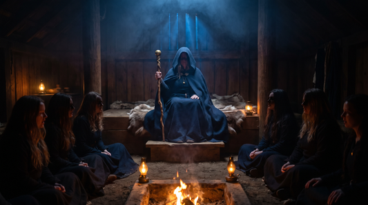 Norse seeress in a blue cloak with a knobbed staff on a raised seat, women singing around her