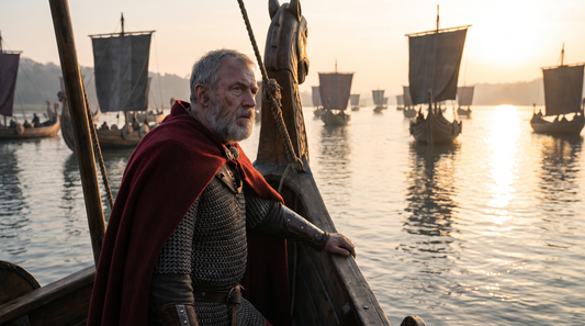 Aging Norse king in mail and red cloak on a longship with a great fleet behind him