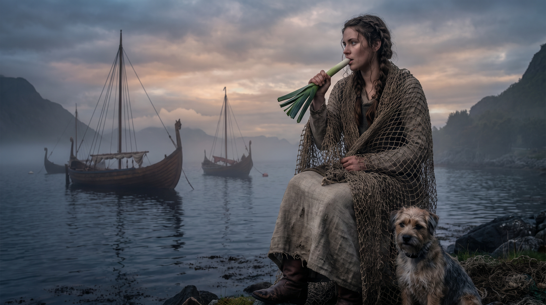 Young woman wrapped in a fishing net with her hair over it, biting a leek, a dog at her heel