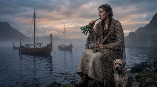 Young woman wrapped in a fishing net with her hair over it, biting a leek, a dog at her heel