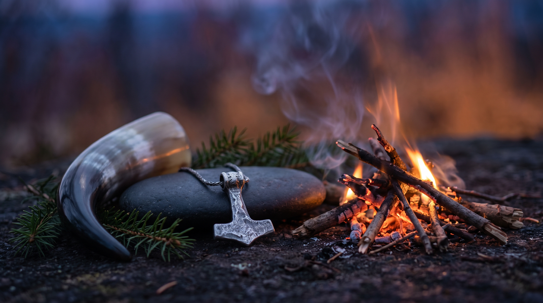 Silver Mjolnir pendant on a stone beside a small fire and drinking horn at dusk