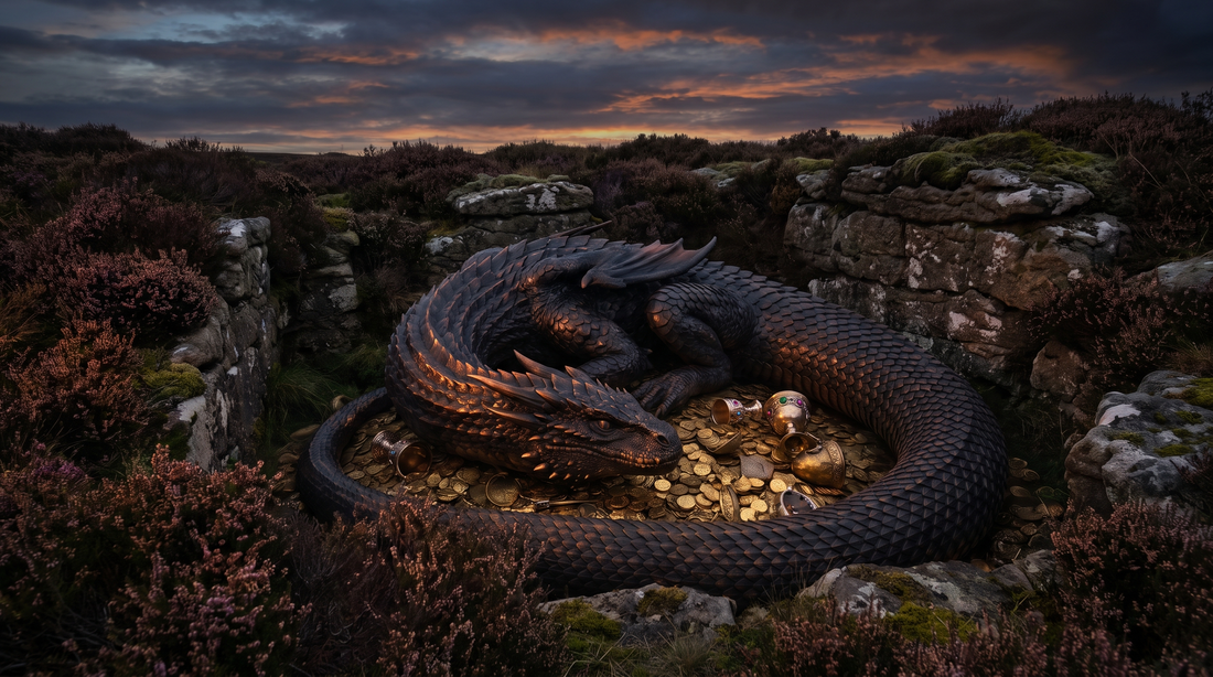 Serpentine dragon coiled on a hoard of gold in a rocky heath hollow at dusk