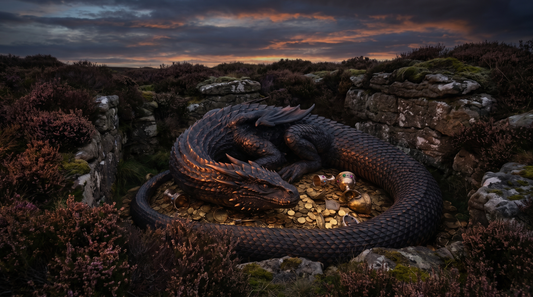 Serpentine dragon coiled on a hoard of gold in a rocky heath hollow at dusk