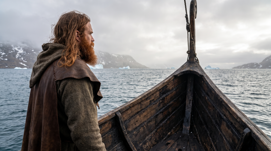 Red-bearded Norse seafarer at the bow of a knarr approaching a green Greenland fjord