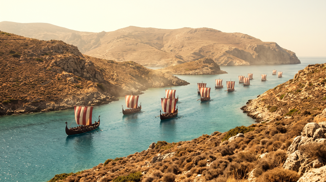 Viking fleet sailing through a narrow sun-baked Mediterranean strait