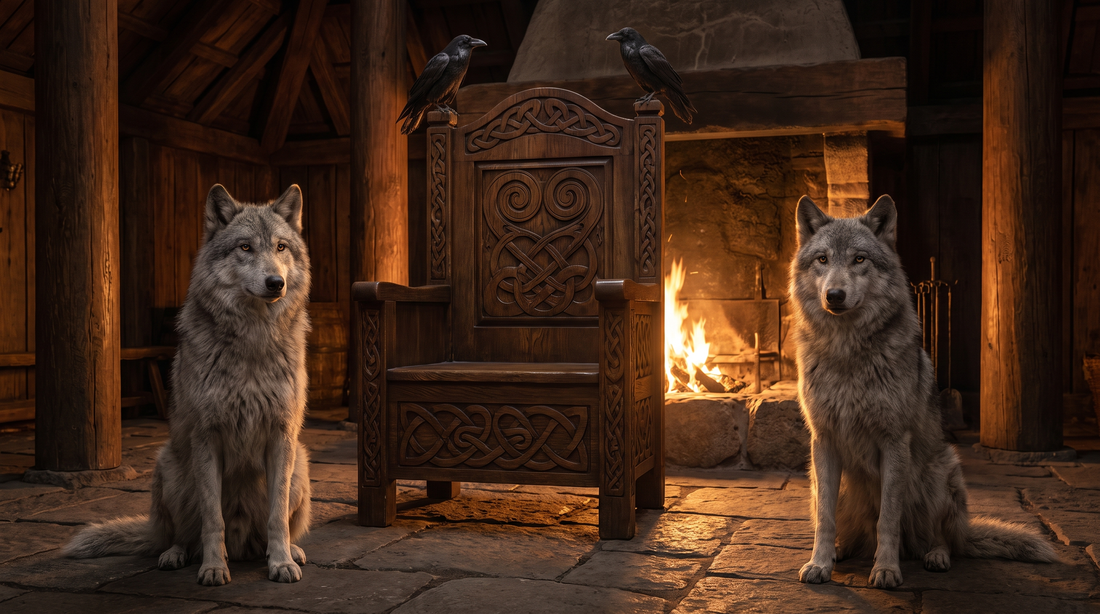 Two gray wolves flanking an empty carved high seat with two ravens perched on its back