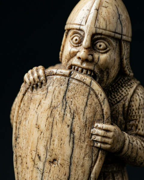 A medieval walrus ivory chess warrior biting the top of his shield