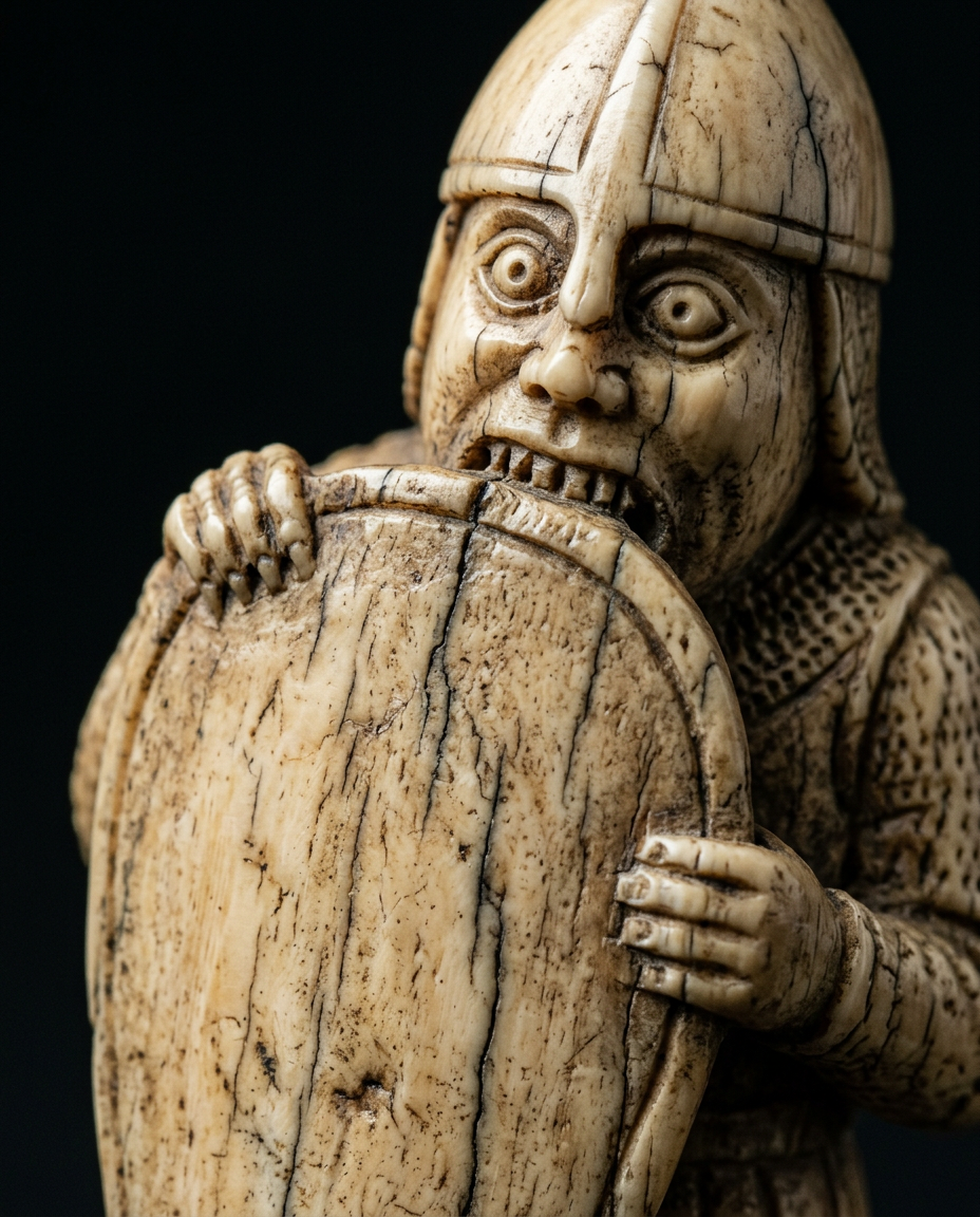 A medieval walrus ivory chess warrior biting the top of his shield