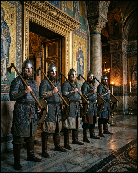Norse guardsmen with long axes on their shoulders at a gilded palace doorway in Constantinople