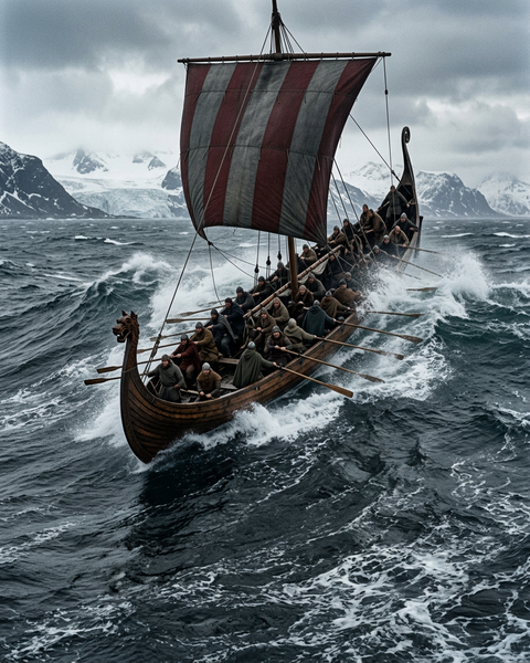 A Viking longship sliding down the face of a grey winter wave, crew at the oars