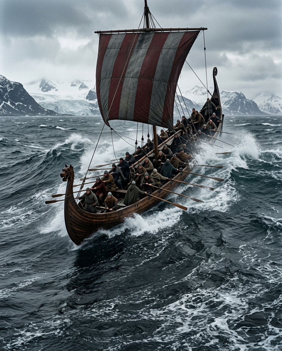 A Viking longship sliding down the face of a grey winter wave, crew at the oars