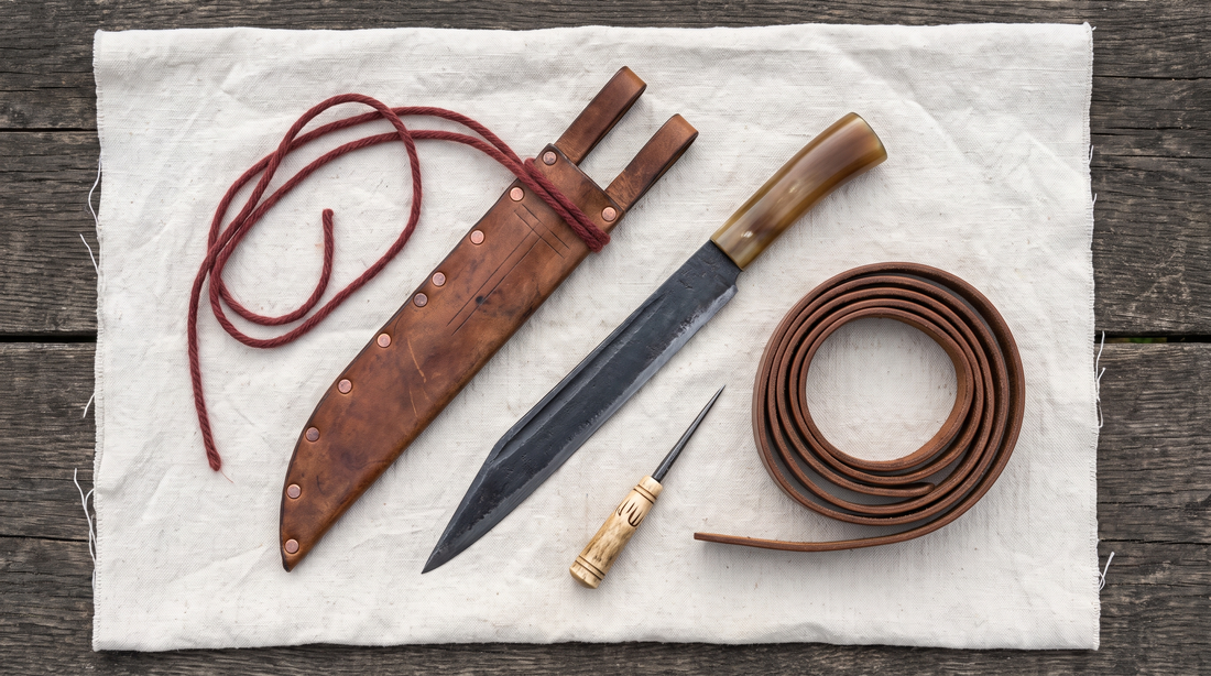 A historically correct seax kit: plain single-edged blade, horn grip, riveted leather sheath with two suspension loops and a belt