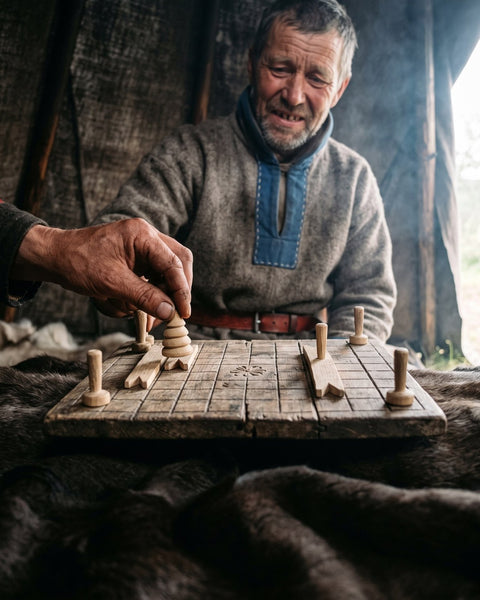 An older man makes a capture on a wooden hnefatafl board (modern illustration)