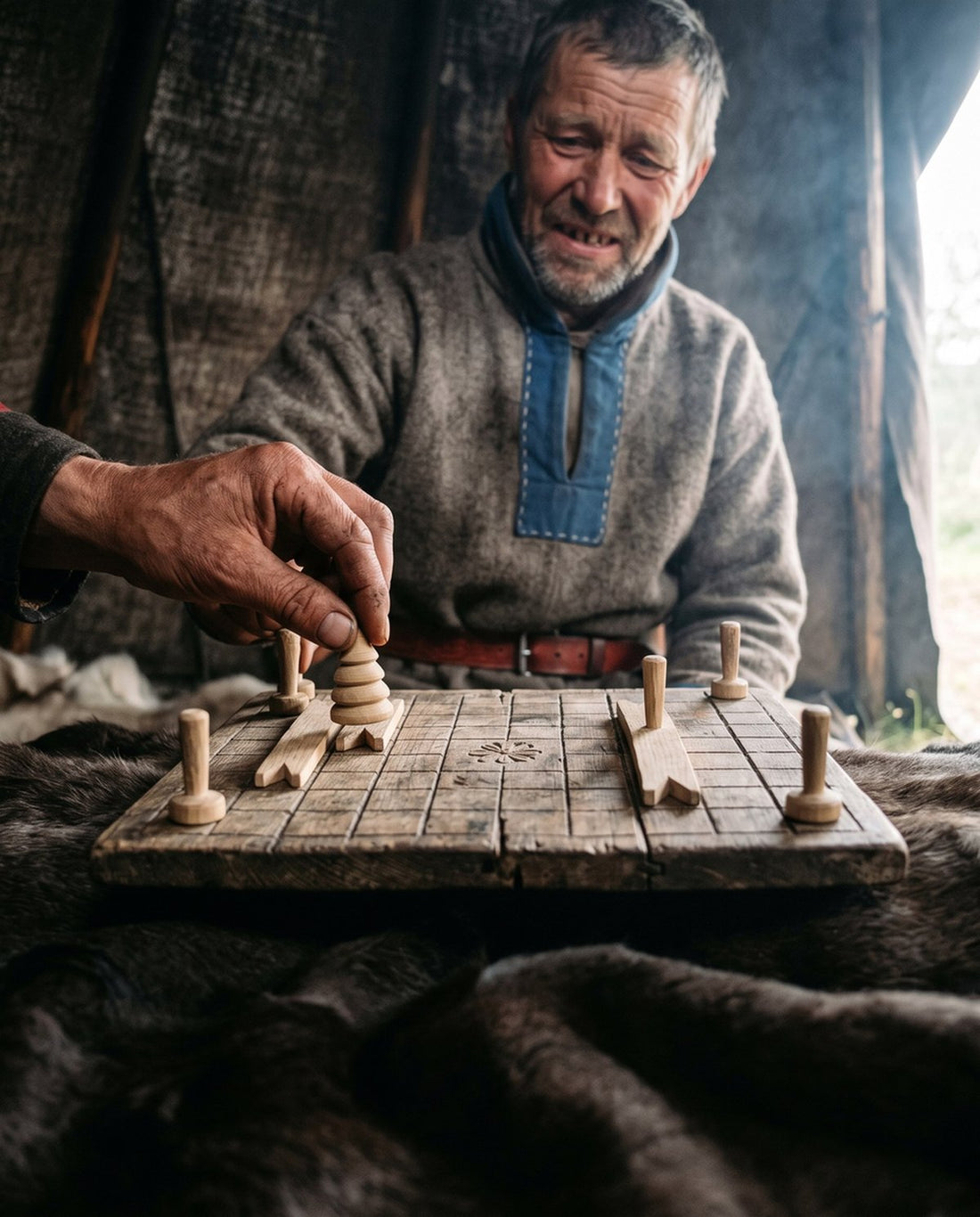 An older man makes a capture on a wooden hnefatafl board (modern illustration)