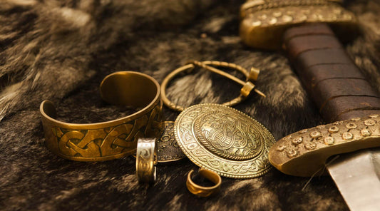 Viking golden jewelry on a fur