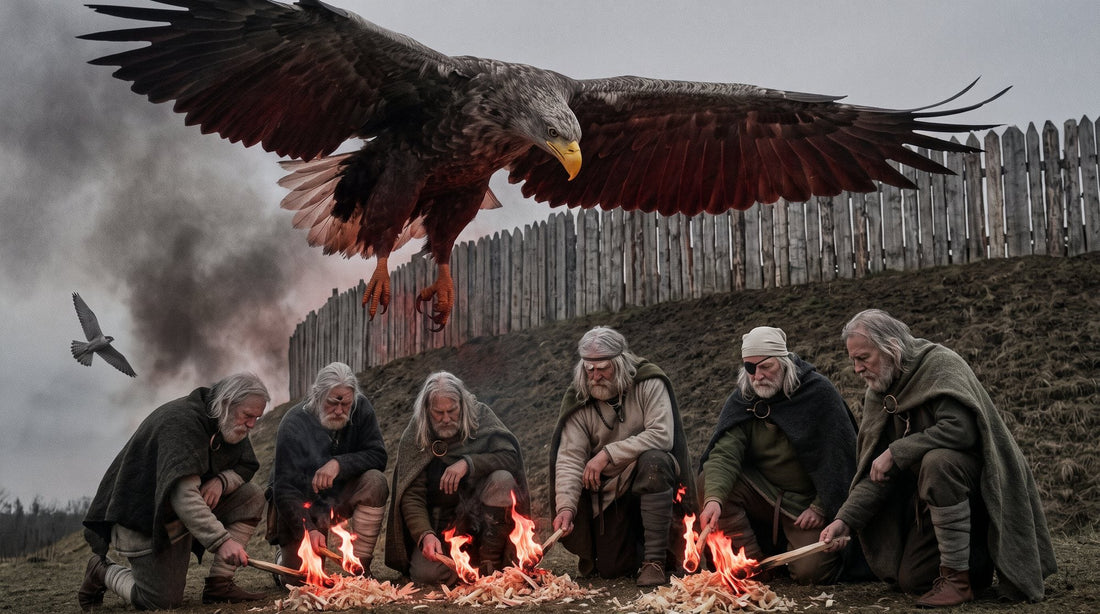 Aged Norse gods kneel at the timber wall of Asgard lighting wood shavings as a huge eagle dives toward the flames and a small falcon escapes