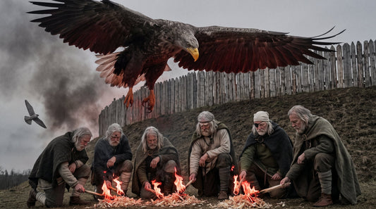 Aged Norse gods kneel at the timber wall of Asgard lighting wood shavings as a huge eagle dives toward the flames and a small falcon escapes