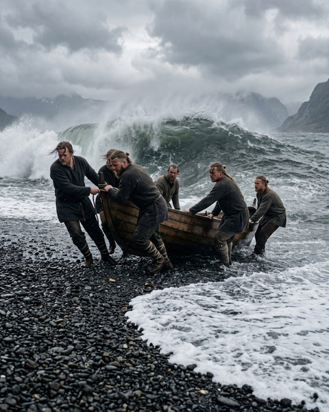 Men haul a boat up a stony beach as a wave breaks behind them (modern illustration)