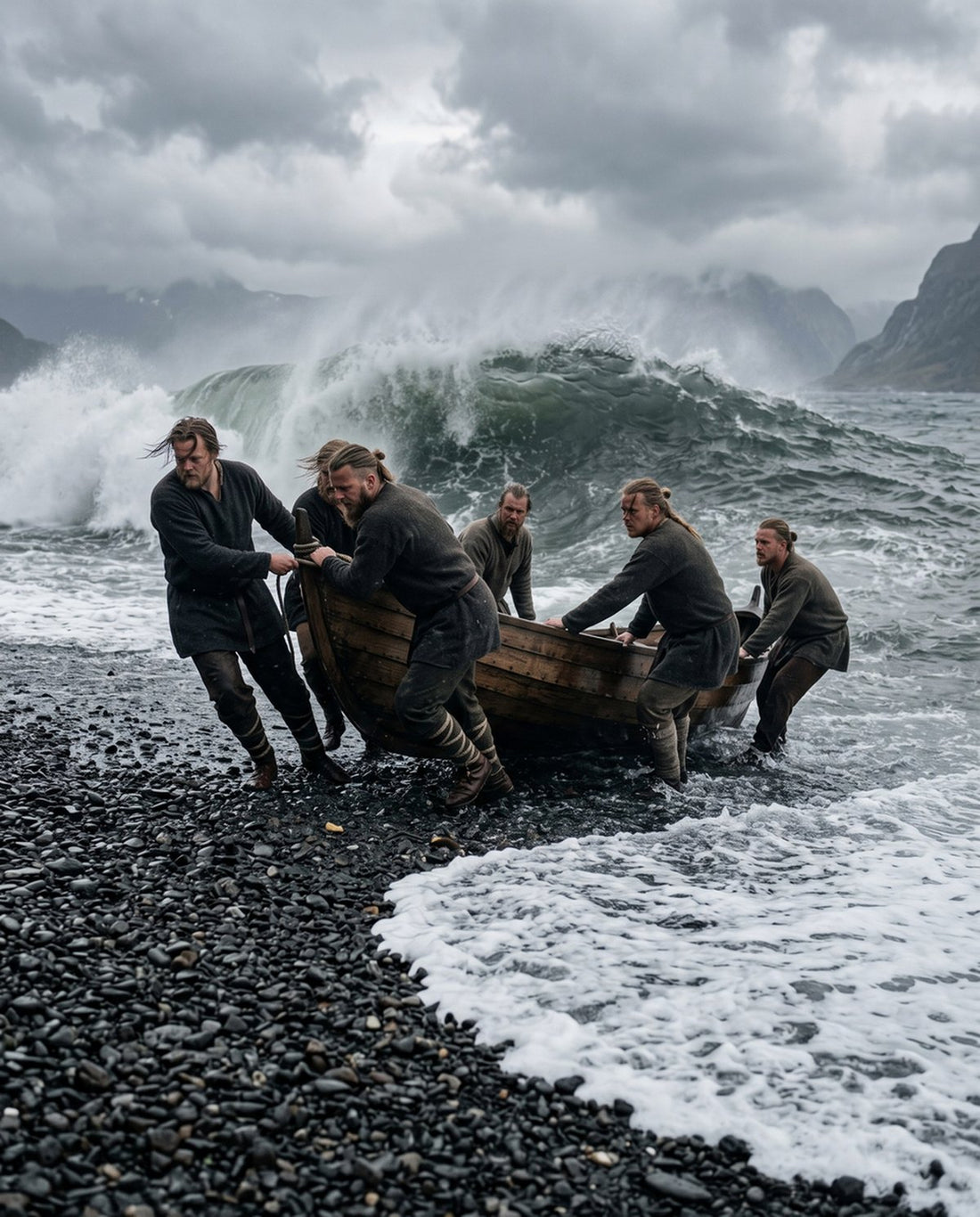Men haul a boat up a stony beach as a wave breaks behind them (modern illustration)