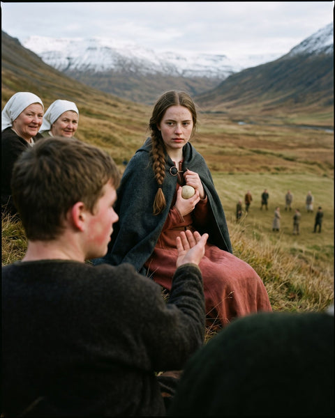 A young Icelandic woman on a slope holds the ball from the game below, as in Hallfredar saga, chapter 2 (modern illustration)