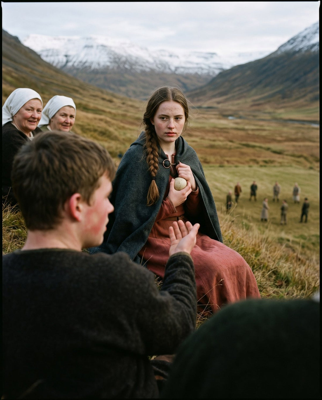 A young Icelandic woman on a slope holds the ball from the game below, as in Hallfredar saga, chapter 2 (modern illustration)