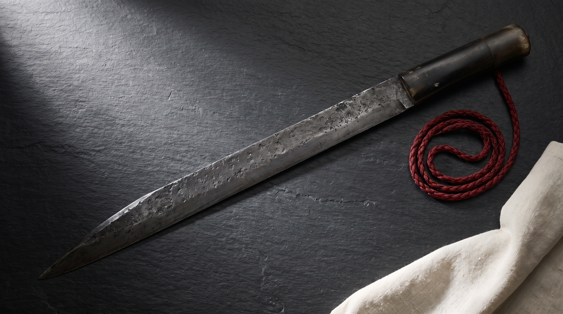 A long single-edged langseax with a thick blunt spine and no crossguard laid on dark slate