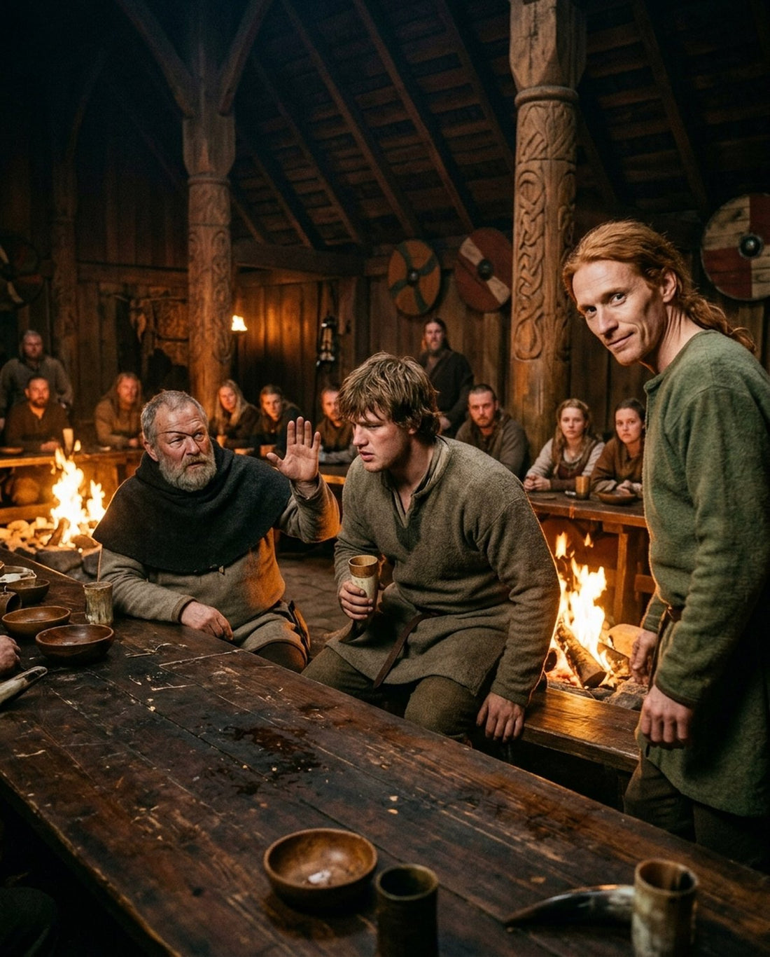 A red-haired man stands at the edge of a Norse feast hall while the company looks on (modern illustration)