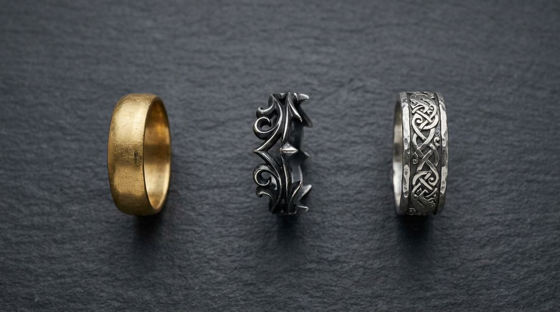 Three wedding bands on slate, a plain gold band, a blackened gothic ring and a Norse knotwork band