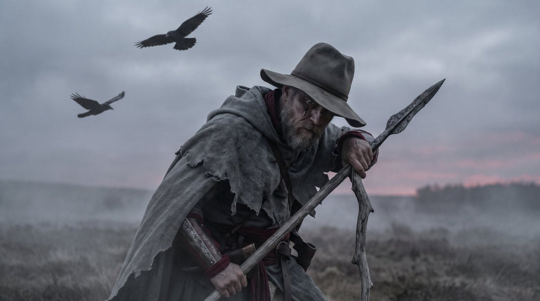 Odin as a one-eyed wanderer in a grey hooded cloak and wide hat, leaning on a spear on a misty moor while two ravens circle
