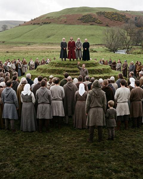 A crowd in plain wool gathered round a four-tiered turf mound, a king in red with two elders and a priest on top and a man below calling out, a green hill behind (modern illustration)