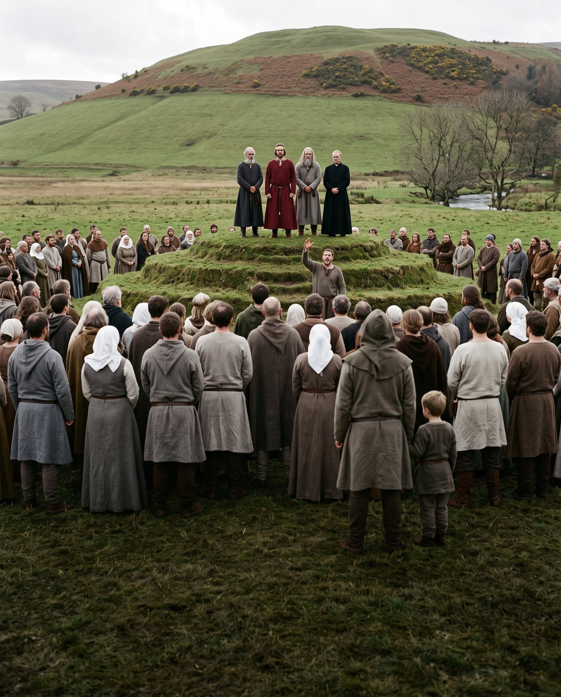 A crowd in plain wool gathered round a four-tiered turf mound, a king in red with two elders and a priest on top and a man below calling out, a green hill behind (modern illustration)