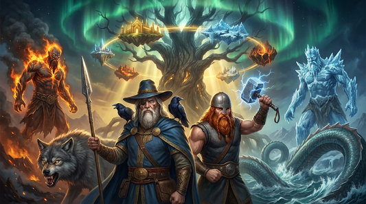 The gods and giants of the nine realms of Norse mythology before Yggdrasil: one-eyed Odin with ravens and spear, Thor with Mjolnir, Fenrir, Jormungandr and the fire and frost giants