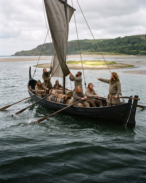 A small Norse trading ship rowed into a wide river mouth, the steersman pointing at a low grassy island among sandbanks, green hills behind (modern illustration)